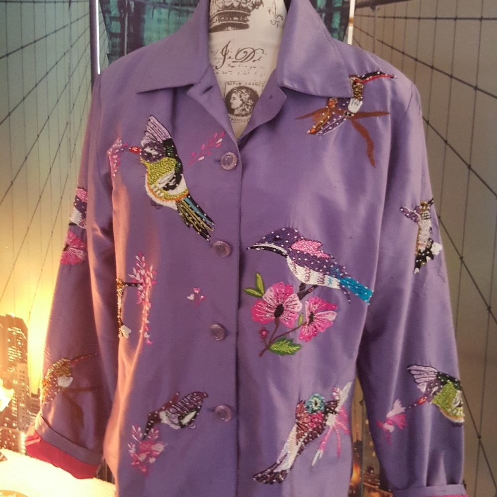 Silk jacket purple embroidered beaded hummingbirds